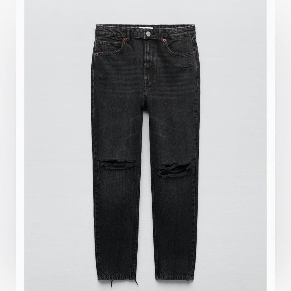Zara Mom Fit Jeans Straight Leg Ripped Black - Picture 2 of 12